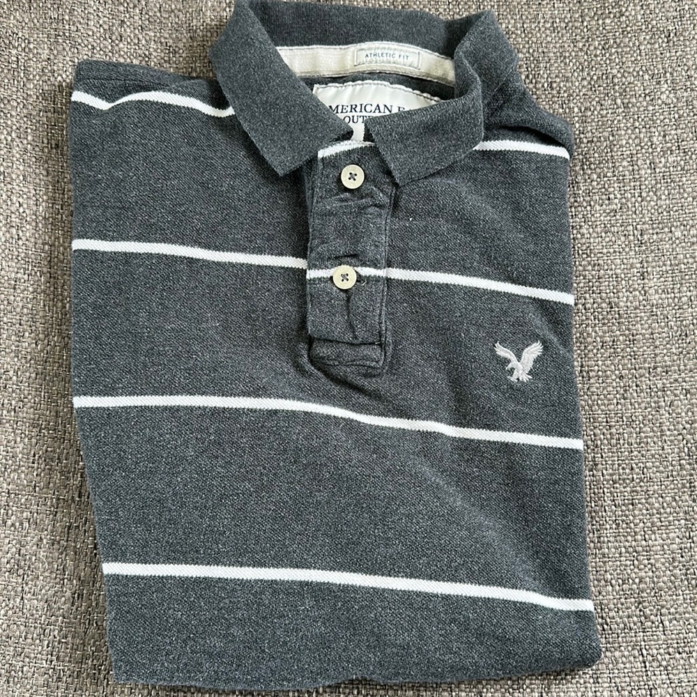 American Eagle Striped Short Sleeve Polo Shirt Gray White Athletic Fit Men's M